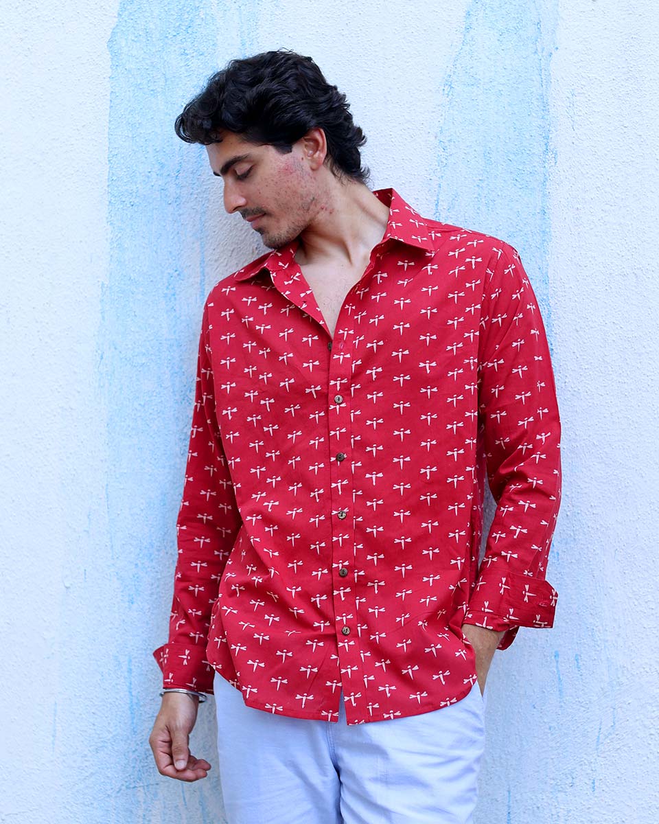 Shadan Red Hand Block Print Cotton Shirt -TOF