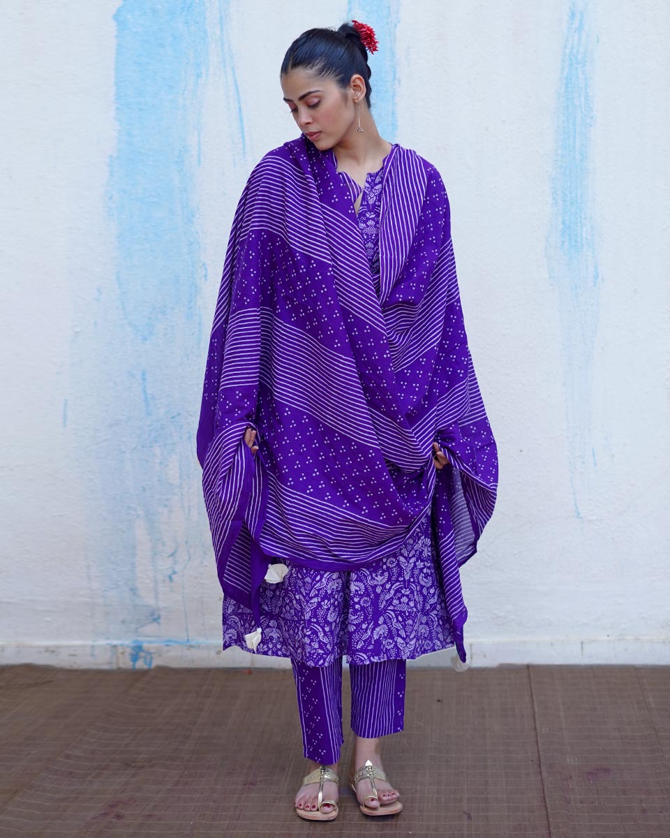 Leher Purple Handblock Print Cotton Dupatta - BFG