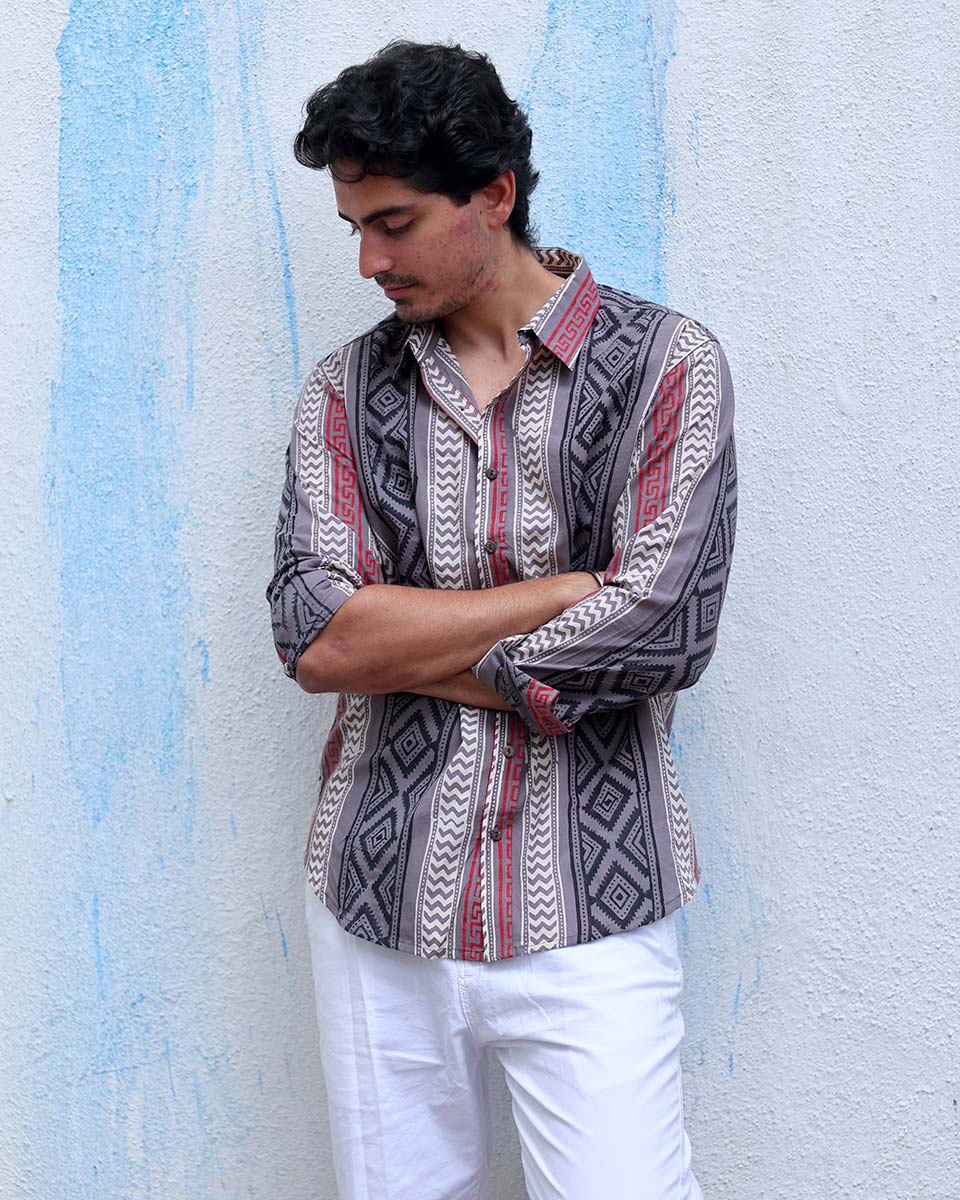 Ruhan Grey Hand Block Print Cotton Shirt -TOF