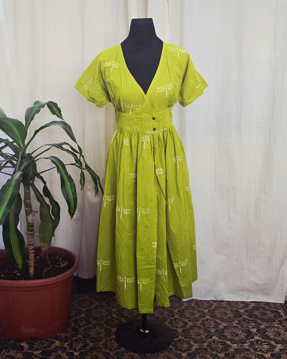 Riya Parrot Green handblock printed Cotton dress - Love Despite