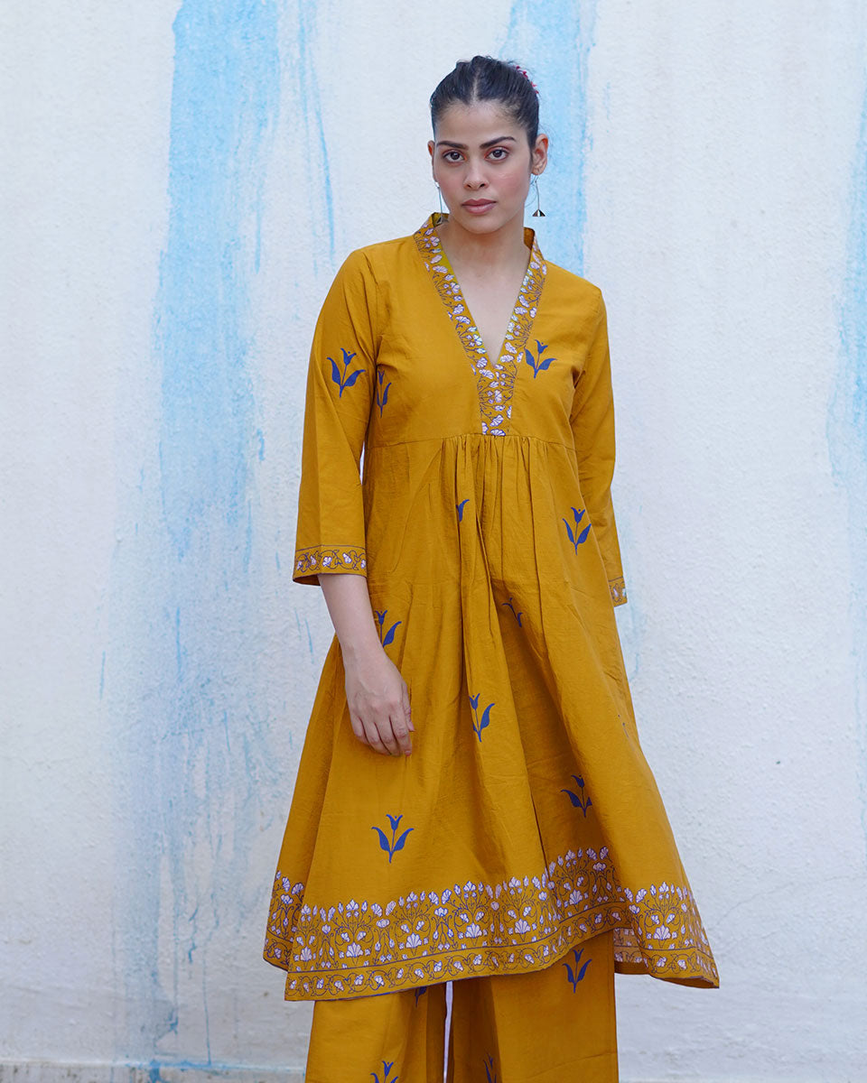 Rangeeli Mustard Yellow Handblock Print Cotton Kurta Set - BFG