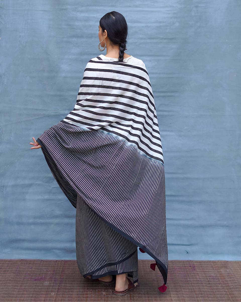 Black or White Handblock Print Cotton Saree - M&M