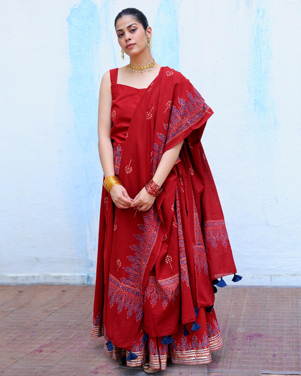 Chiraagh Red Handblock Print Cotton Dupatta - RSH