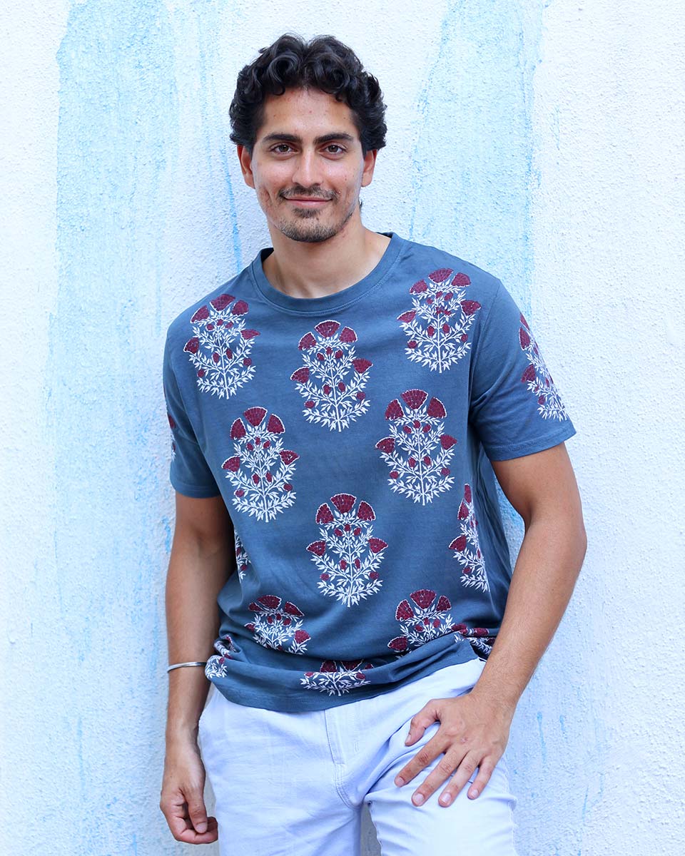 Sagar Blue Hand Block Print Cotton T- Shirt - TOF