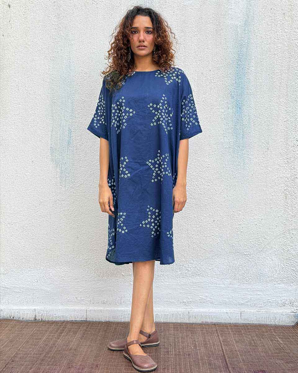 Blue Me Away Bandhej Cotton Dress - Freesize
