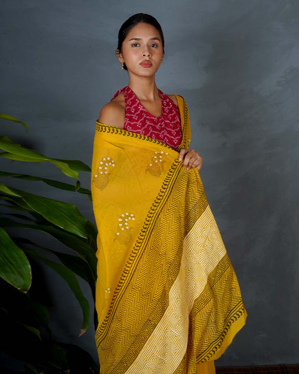 Mriga Yellow Hand Block Printed Saree-MYA