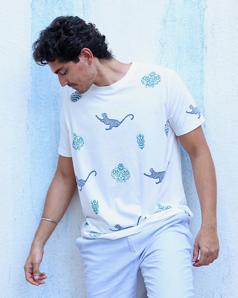 Kaif White Hand Block Print Cotton T- Shirt - TOF