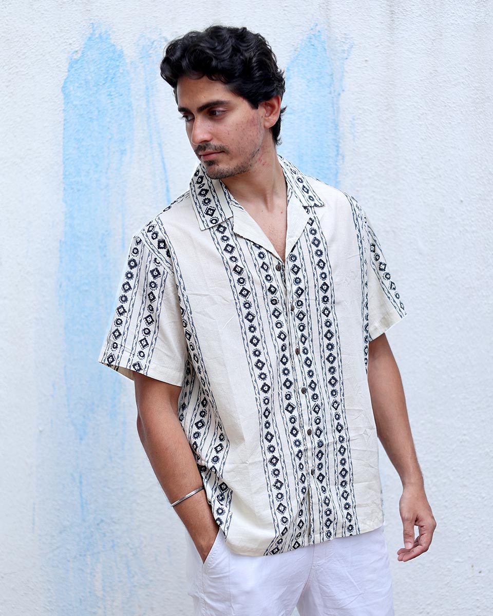 Bebak White  Hand Block Print Cotton T- Shirt - TOF