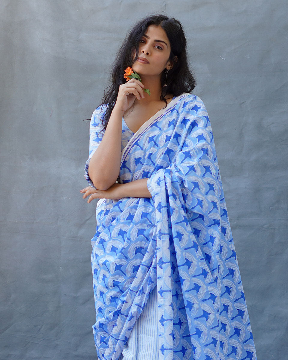 Maya Blue Hand Block Printed Saree-BAD