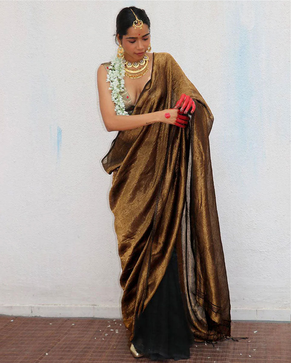 Mrinal Brown Handwoven Linen Zari Saree