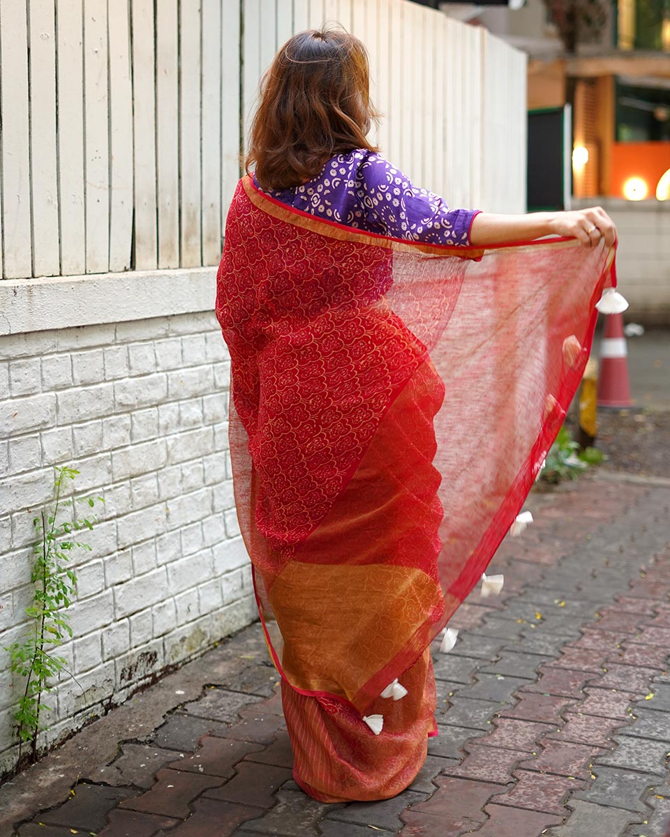 Ananya Red Handblock Printed Linen Saree - Anant