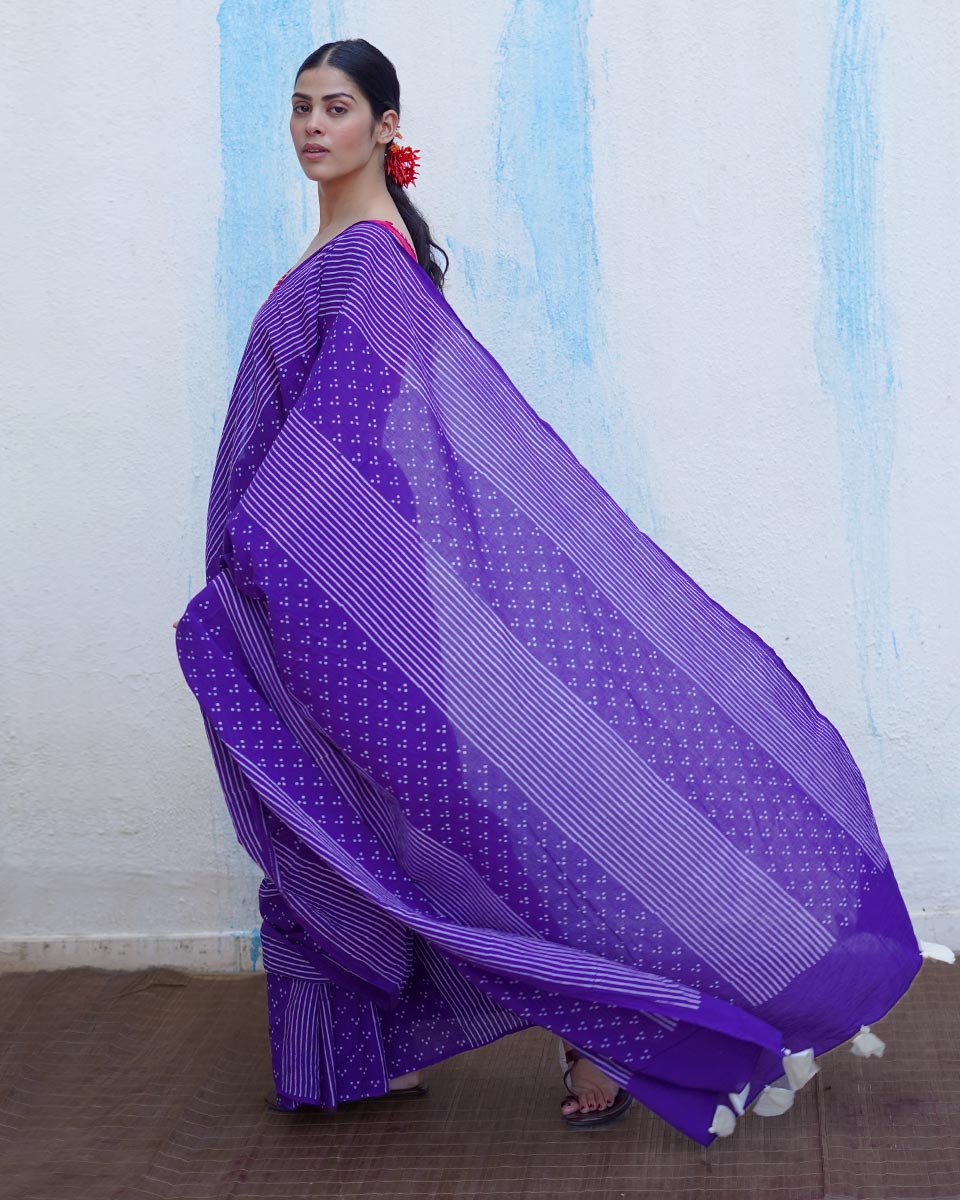 Chidiya Purple Handblock Print Cotton Saree - BFG