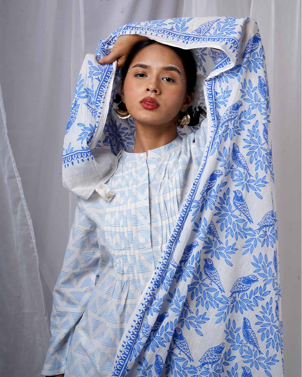 Milu Blue Hand Block Printed Dupatta-BAD