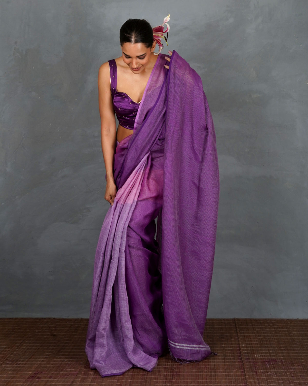 Embrace Glow Purple Handwoven Linen Saree - TARA