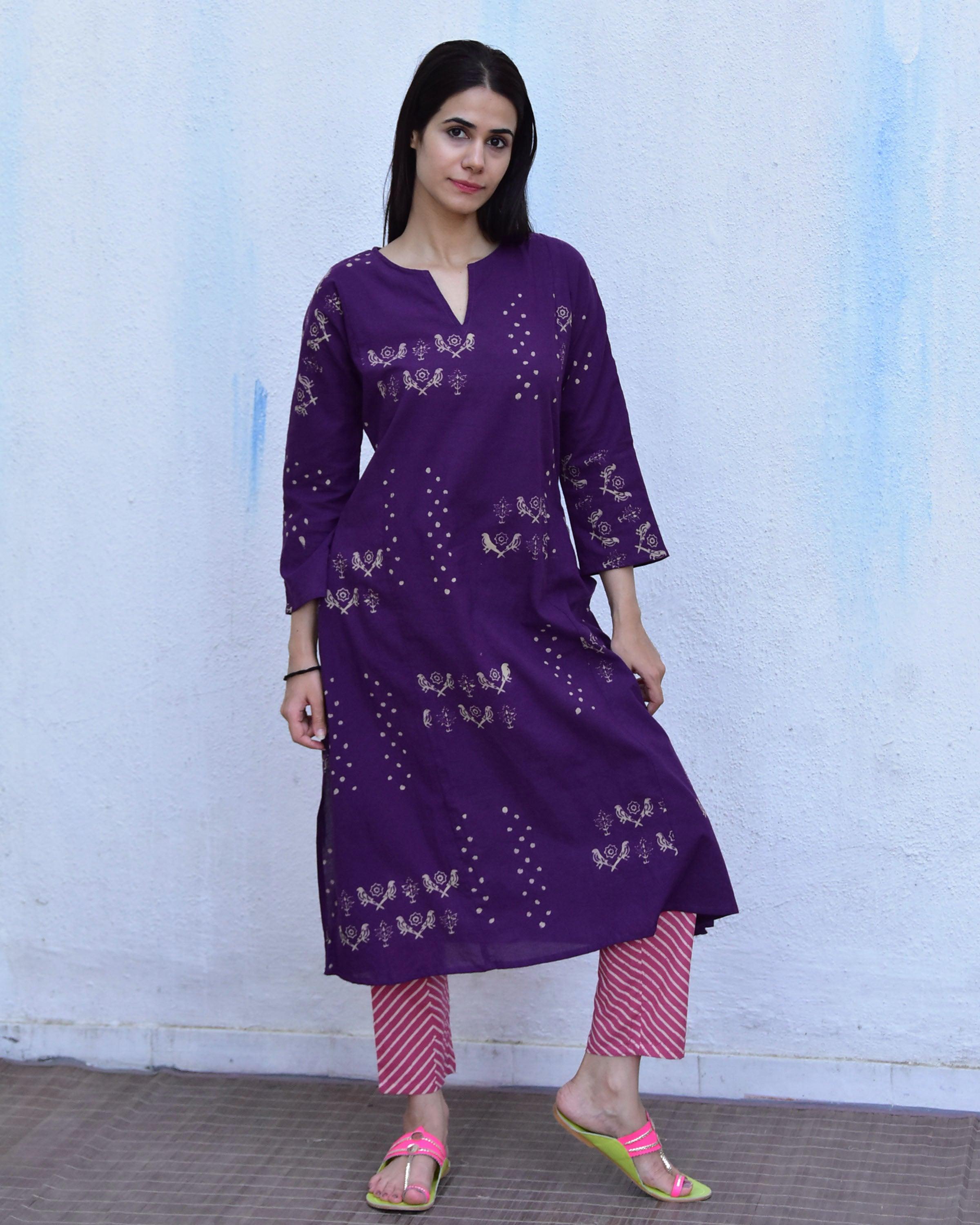 Purple & Pink Block Print Cotton Kurta Set