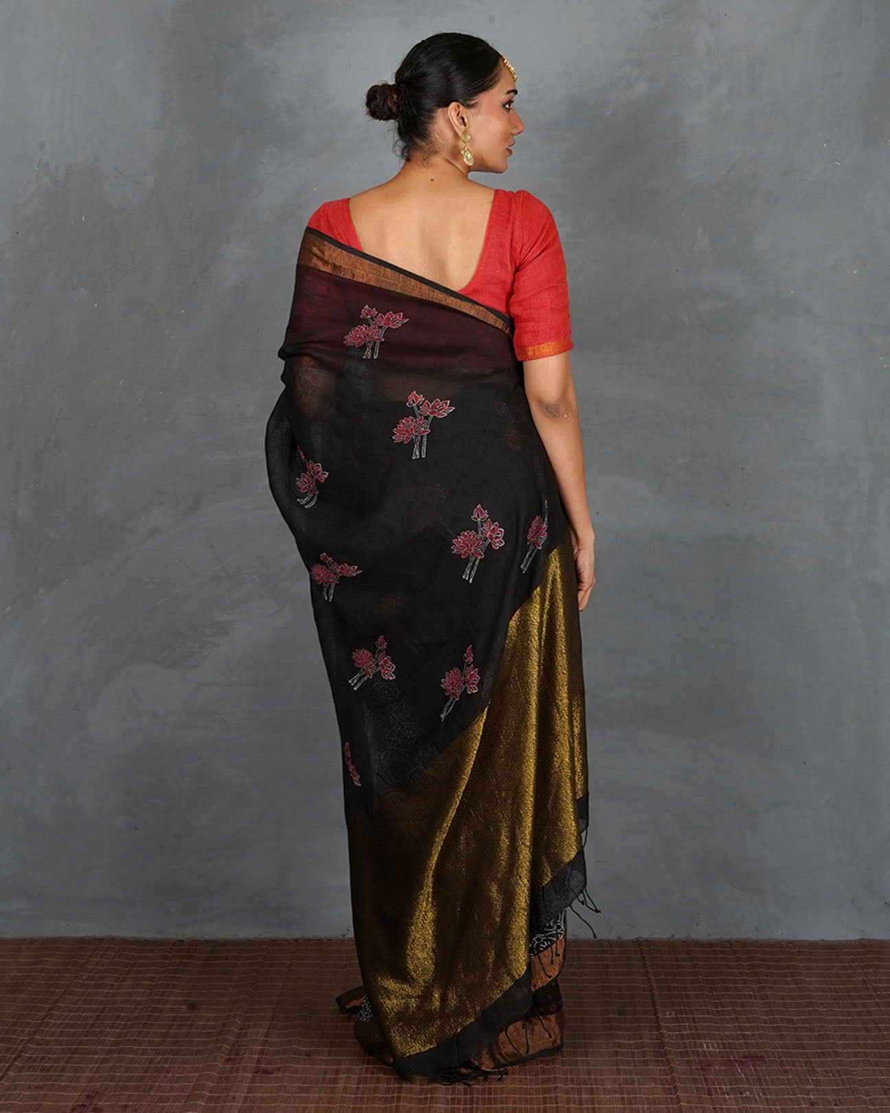 Tejasvi Black Handblock Linen Saree - TARA