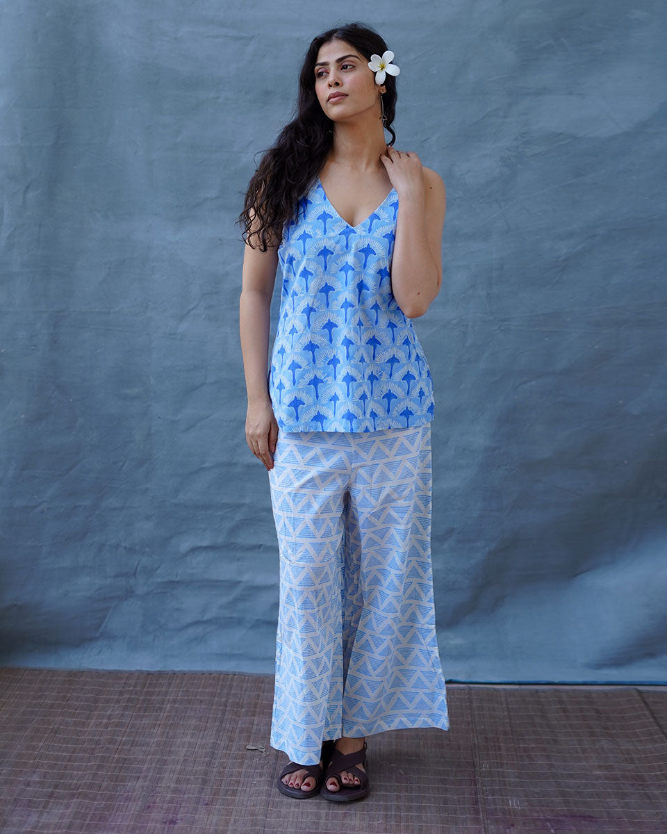 Varsha Ivory Blue Hand Block Printed Top-BAD