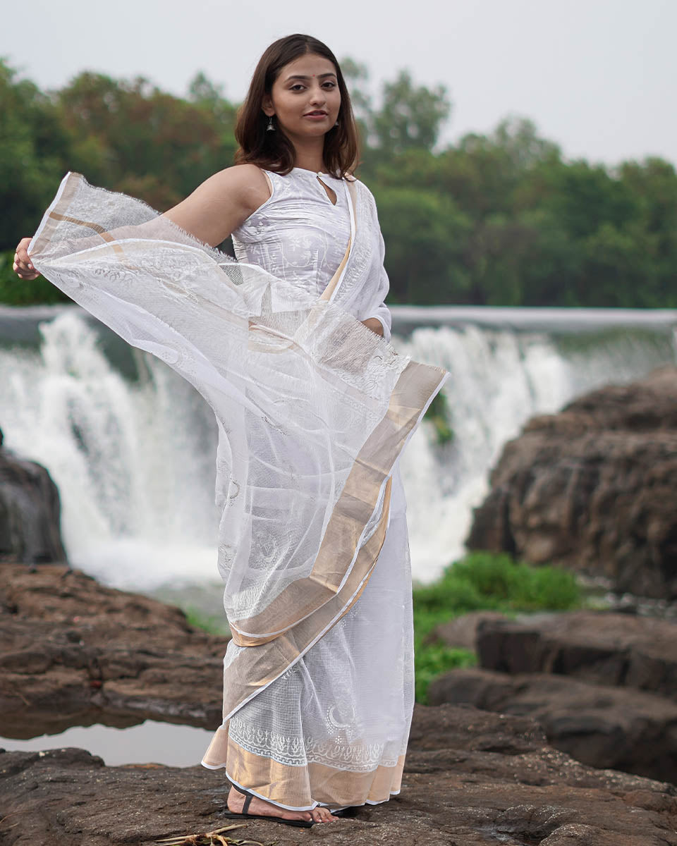 Dewbone Kota Doria Ivory Block Printed Saree - SFD