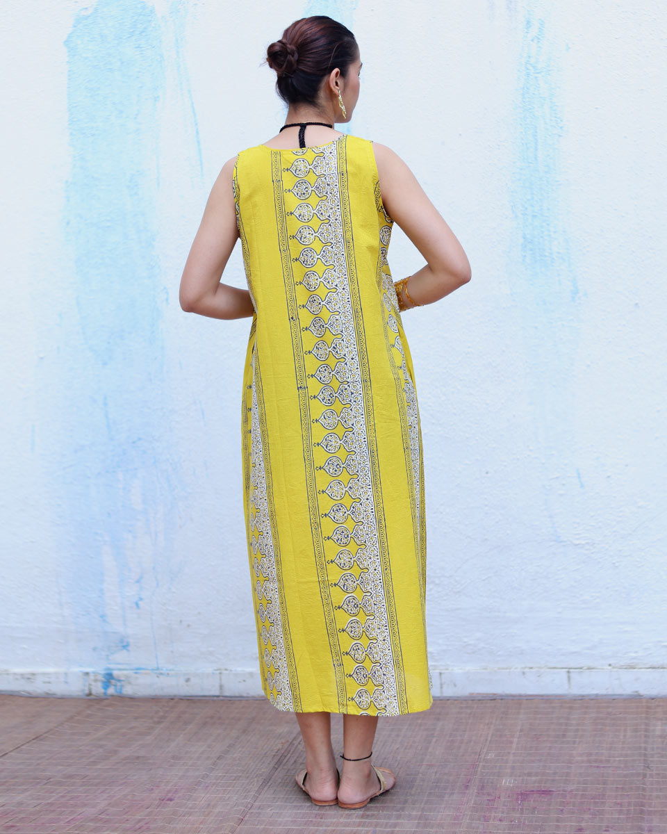 Roushan Yellow Handblock Print Cotton Dress - RSH
