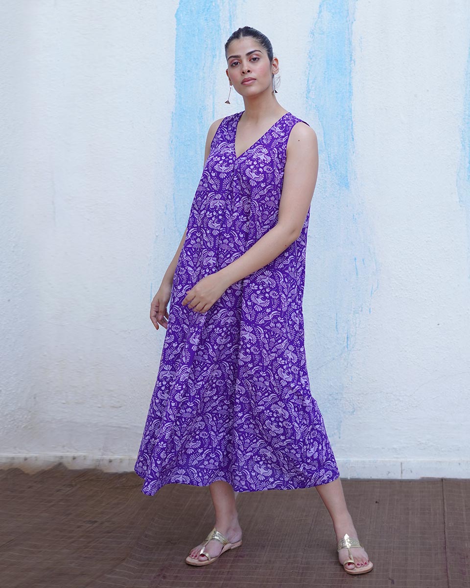 Tarang Purple Handblock Print Cotton Dress - BFG