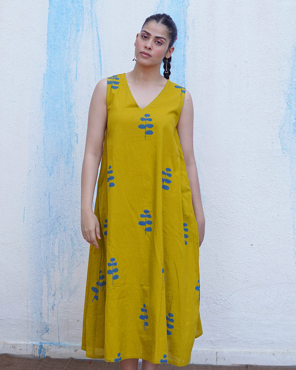 Natkhat Mustard Yellow Handblock Print Cotton Dress - BFG