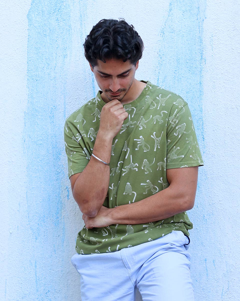 Ranjha Olive Green White Hand Block Print Cotton T- Shirt - TOF