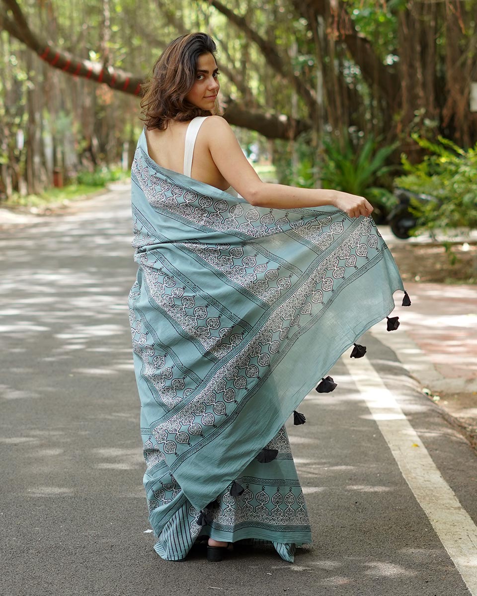 Misri Mist Blue Handblock Print Cotton Saree - PBC