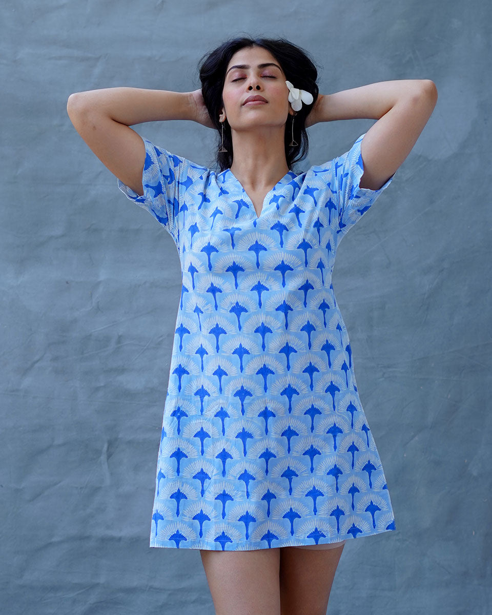 Ira Blue Hand Block Printed Dress-BAD