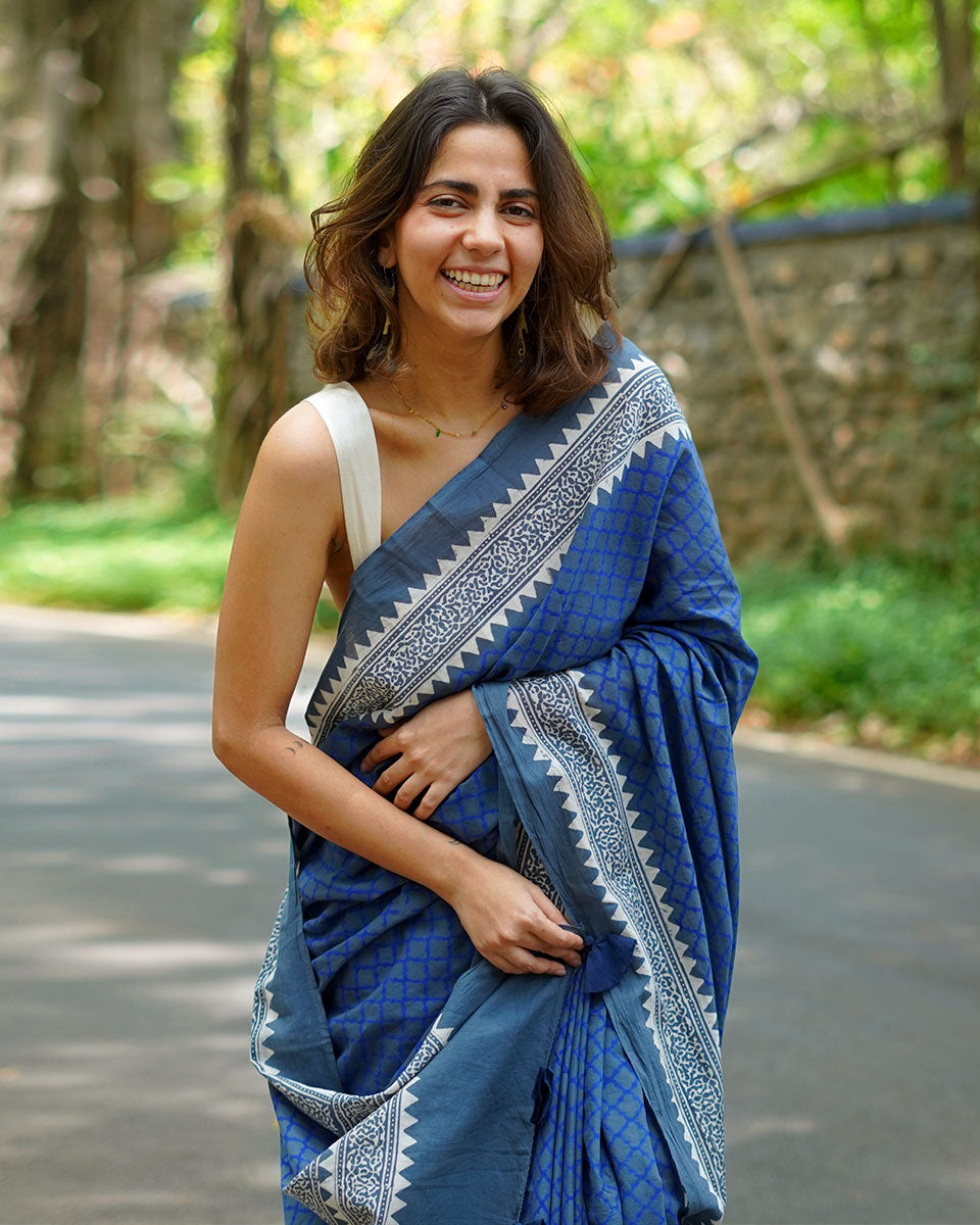 Butterflypea Pudding Blue Handblock Print Cotton Saree - PBC