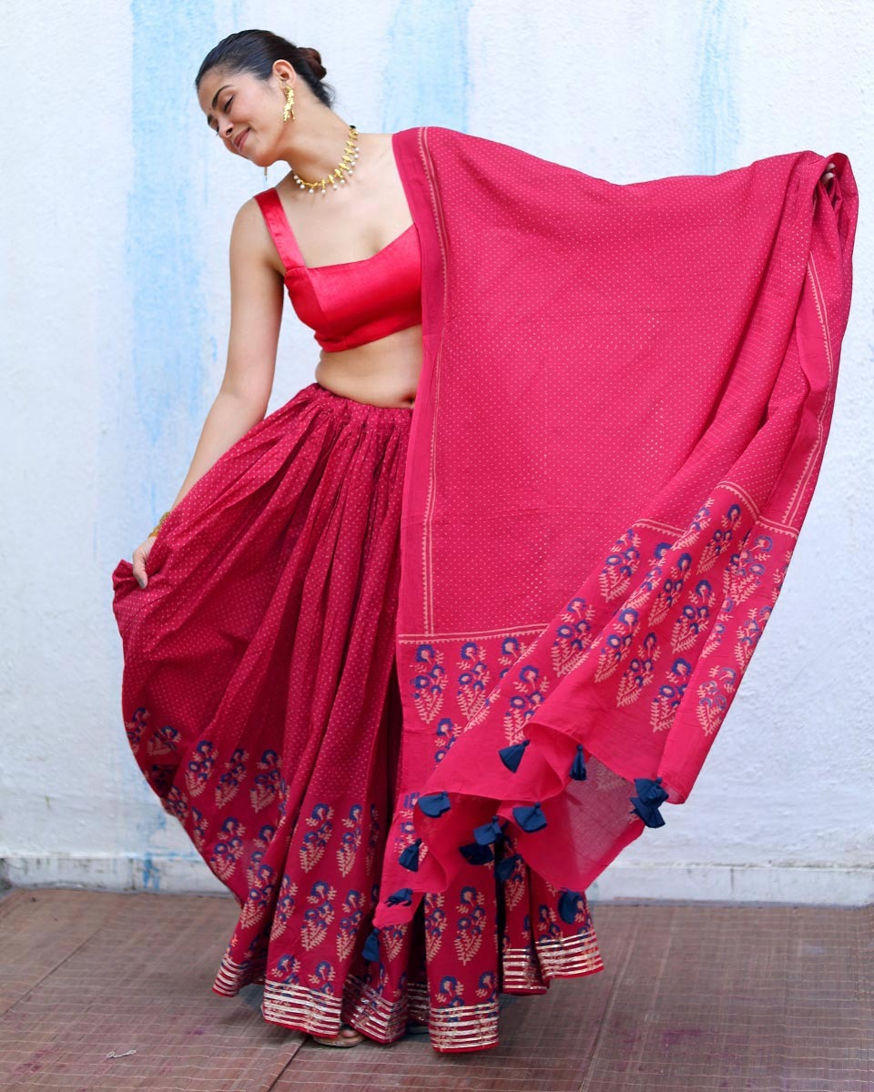 Prabhati Pink Handblock Print Cotton Dupatta - RSH