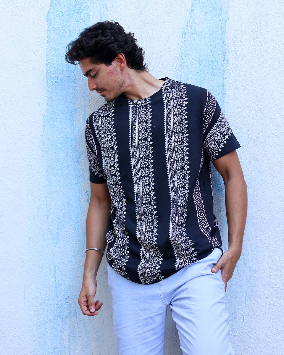 Qaafir Black Hand Block Print Cotton T- Shirt - TOF