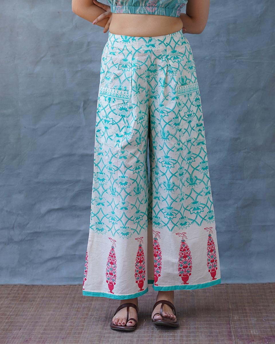 Cosmosâ€™ Call Teal Green Block Printed Pants - MMG