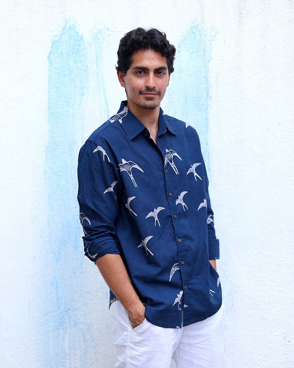 Abeer Blue Hand Block Print Cotton Shirt -TOF