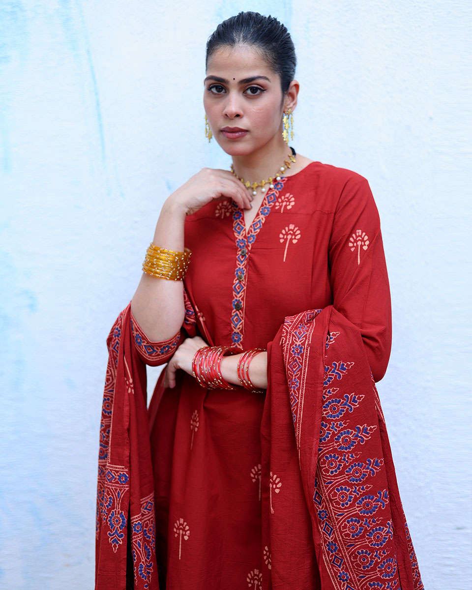 Anjuman Red Handblock Print Cotton Kurta Set - RSH