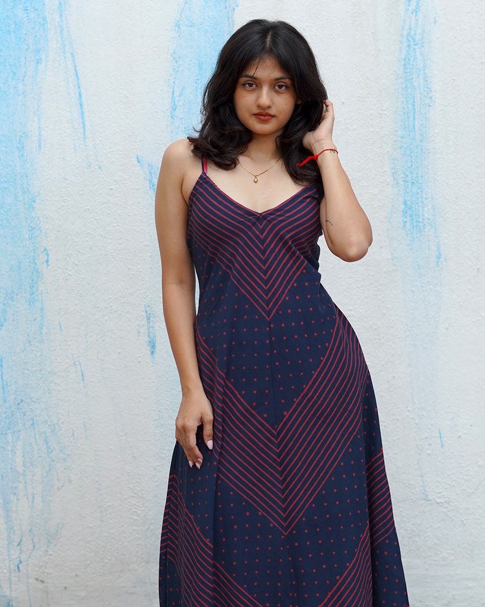 Wolf Moon Blue Handblock Print Cotton Dress - MNCH