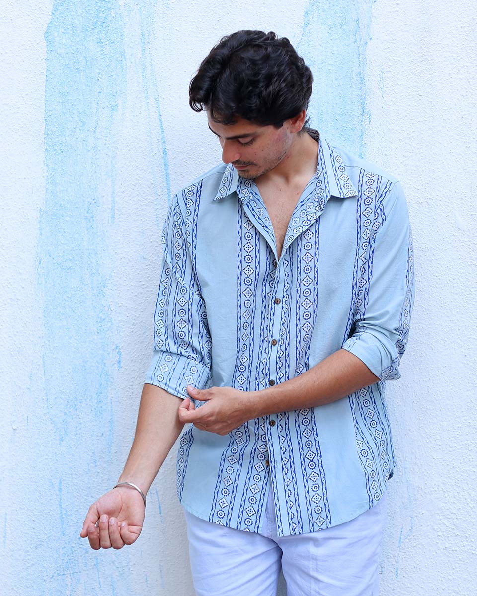 Viraj Blue Hand Block Print Cotton Shirt -TOF