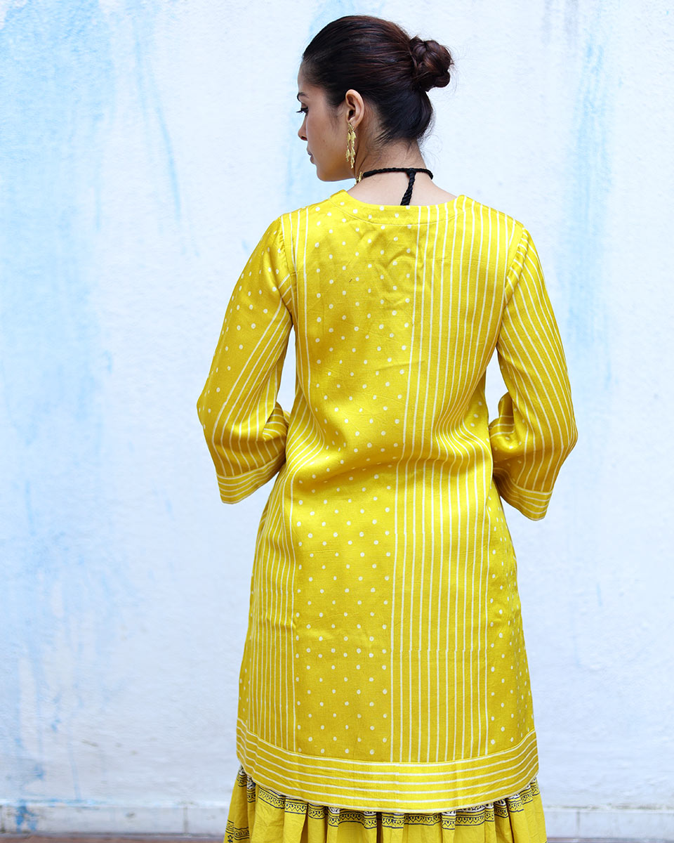 Jhilmil Yellow Handblock Print Mashru Silk Kurta - RSH