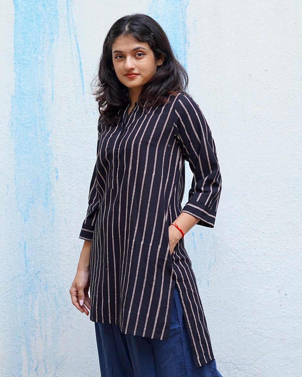 Flower Moon Black Handblock Print Cotton Kurta - MNCH