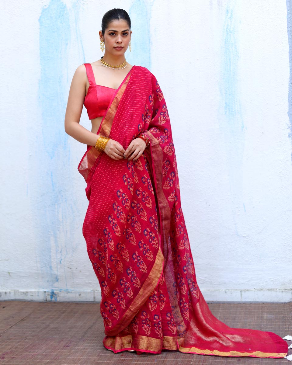 Mehr Pink Handblock Print Linen Saree - RSH