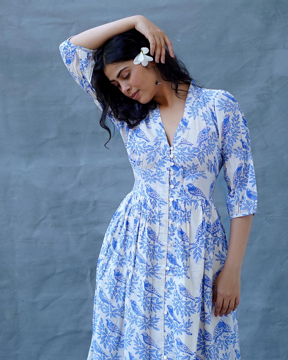 Neyra Ivory Blue Hand Block Printed Dress-BAD