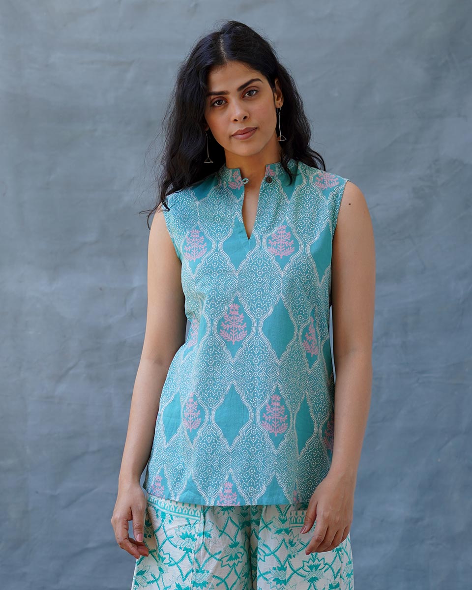 Frangipaniâ€™s Freshness Teal Green Block Printed Top - MMG