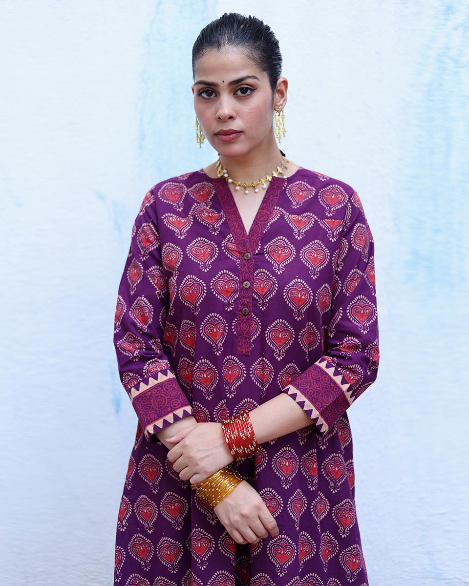 Jugni Purple Handblock Print Cotton Kurta Set - RSH