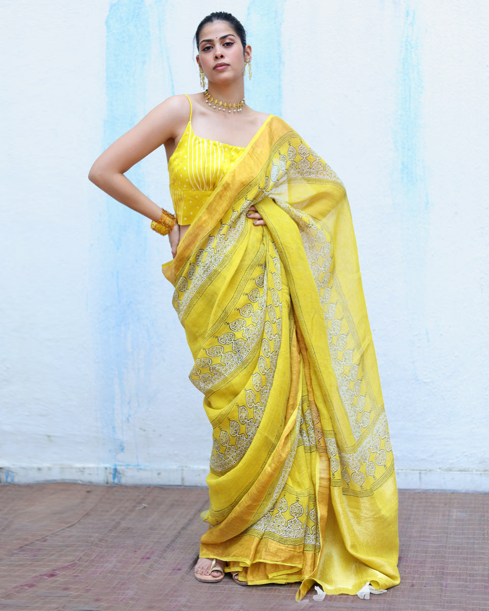 Ziya Yellow Handblock Print Linen Saree - RSH