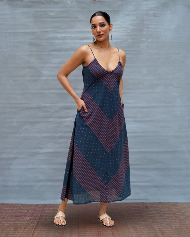 Wolf Moon Blue Handblock Print Cotton Dress - MNCH