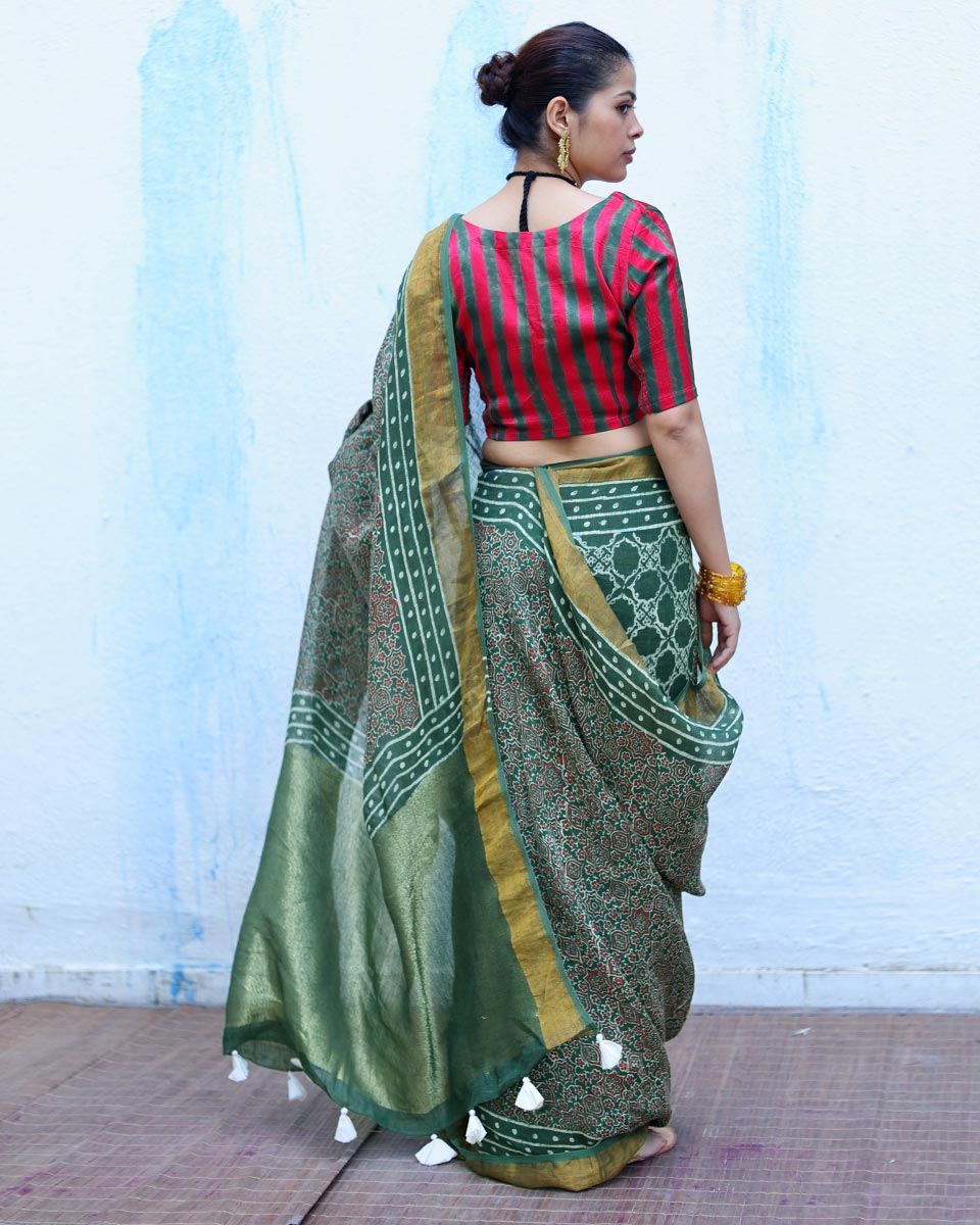 Deepti Green Handblock Print Linen Saree - RSH