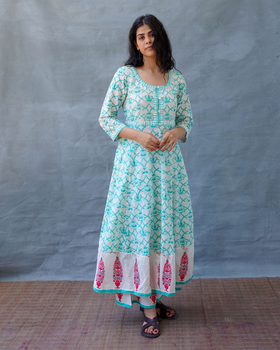 Chamomileâ€™s Calm Teal Green Block Printed Cotton Dress - MMG