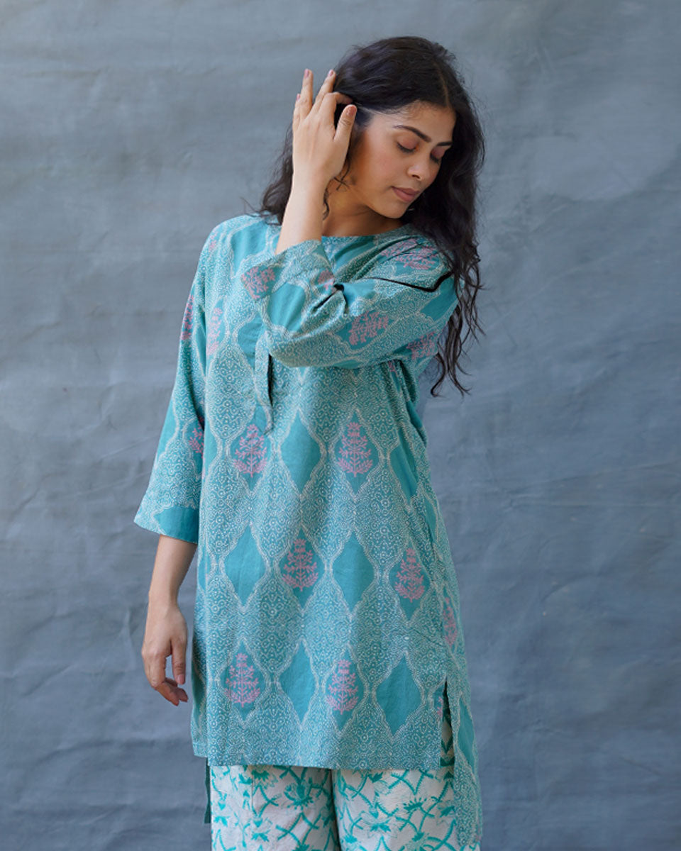 Tenderness of Tulips Teal Green Block Printed Kurti - MMG