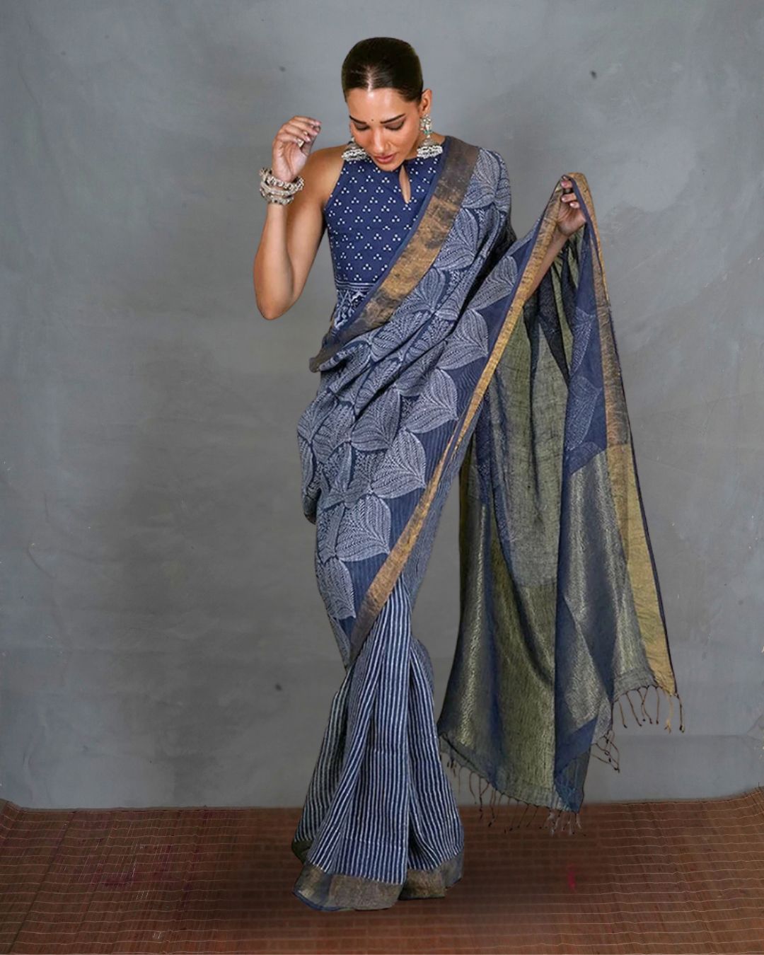Malhari Blue Handblock Print Linen Saree - INDI