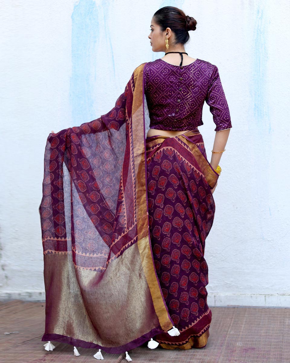 Sitara Purple Handblock Print Linen Saree - RSH