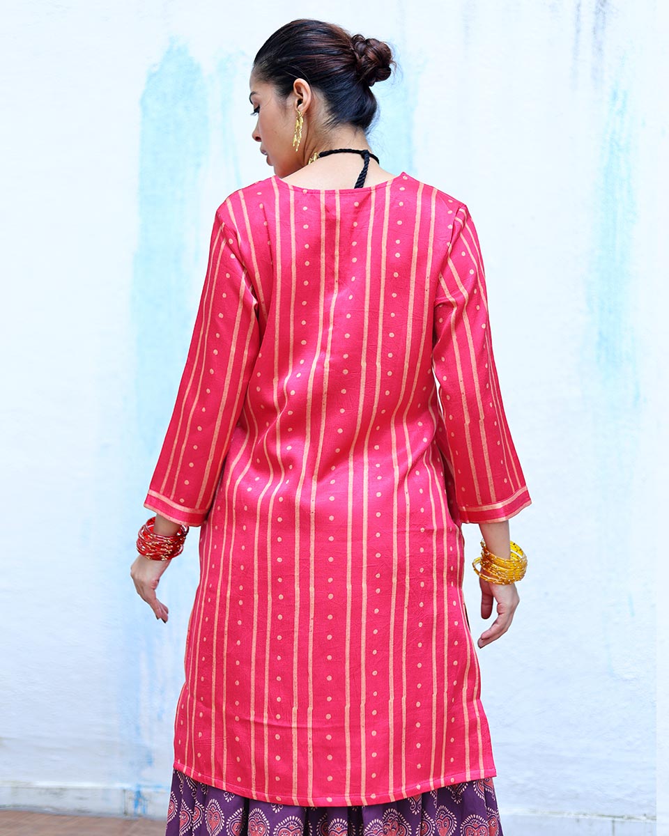Kiran Pink Handblock Print Mashru Silk Kurta - RSH